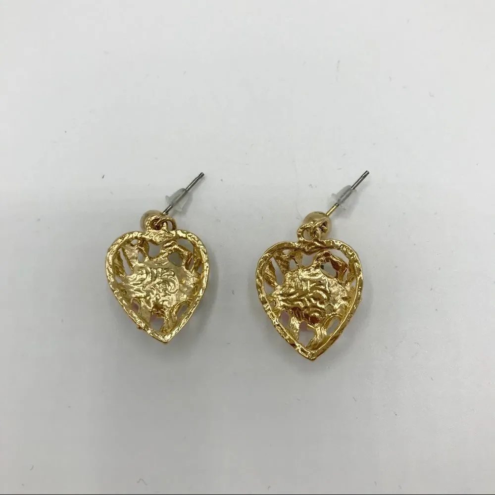 Pink Mini Rose Rosette Flower Gold Tone Small Dangle Earrings
